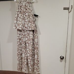 Maggy London White and Light Brown Abstract Halter Jumpsuit